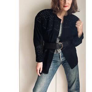 Vintage Suede Jacket/Coat Black Rhinestones Deadstock Y2K/90s Era Rocker Chic